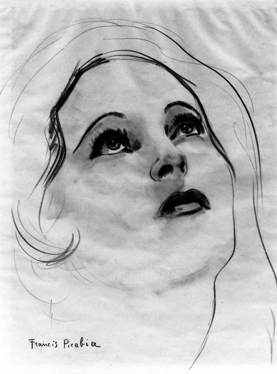 Twarz kobiety z uniesionymi oczami, autor: Francis Picabia (1879-1953); ołówek grafitowy i akwarela na papierze. autorstwa Francis Picabia