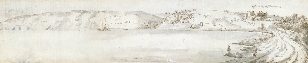 Zamek Oystermouth, ok. 1678 (akwarela i brązowy tusz na papierze) autorstwa Francis Place