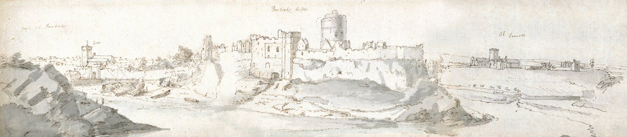 Zamek Pembroke, ok. 1678 (akwarela i brązowy tusz na papierze) autorstwa Francis Place