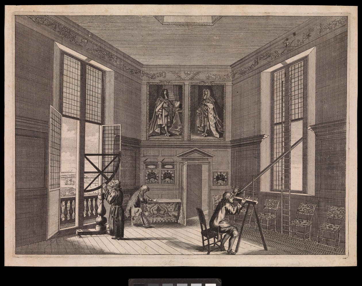 Trzy postacie korzystające ze sprzętu astronomicznego w Wielkiej Sali Gwiezdnej lub Ośmiokątnej Sali w Królewskim Obserwatorium, ok. 1676 r. (rycina) autorstwa Francis Place