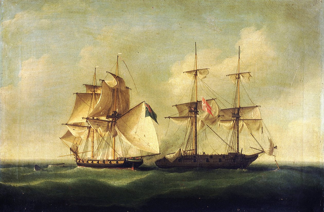 Wojny napoleońskie: Wojna rewolwerowa (1807-1814), w której Królestwo Danii i Norwegii walczyły z flotą brytyjską. autorstwa Francis Sartorius