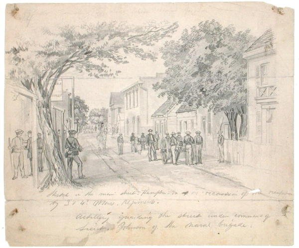 „Main Street, Hampton, Virginia… artyleria strzegąca ulicy” ok. 1860 (ołówek na papierze) autorstwa Francis Schell