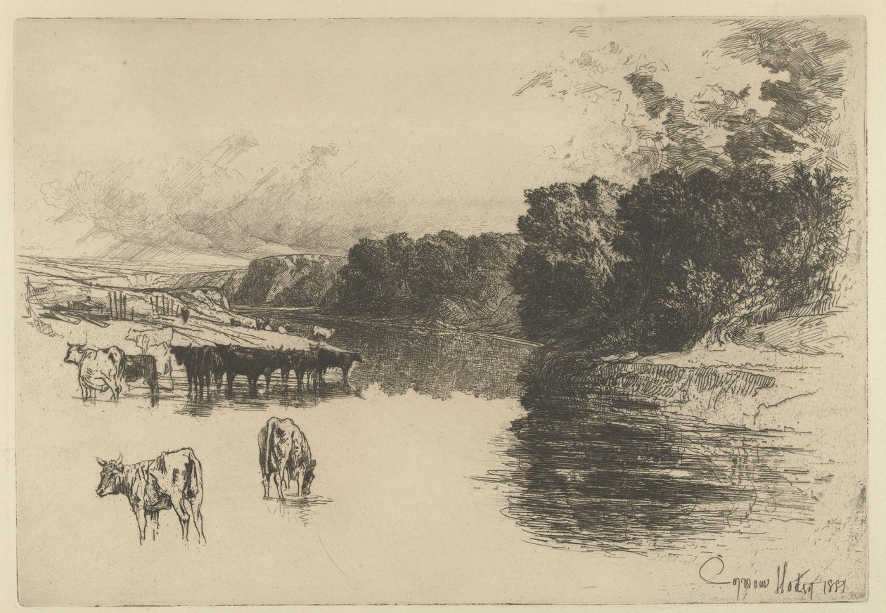 Krowy nad rzeką Rzeka Lancashire autorstwa Francis Seymour Haden (Sir) (signed by artist)
