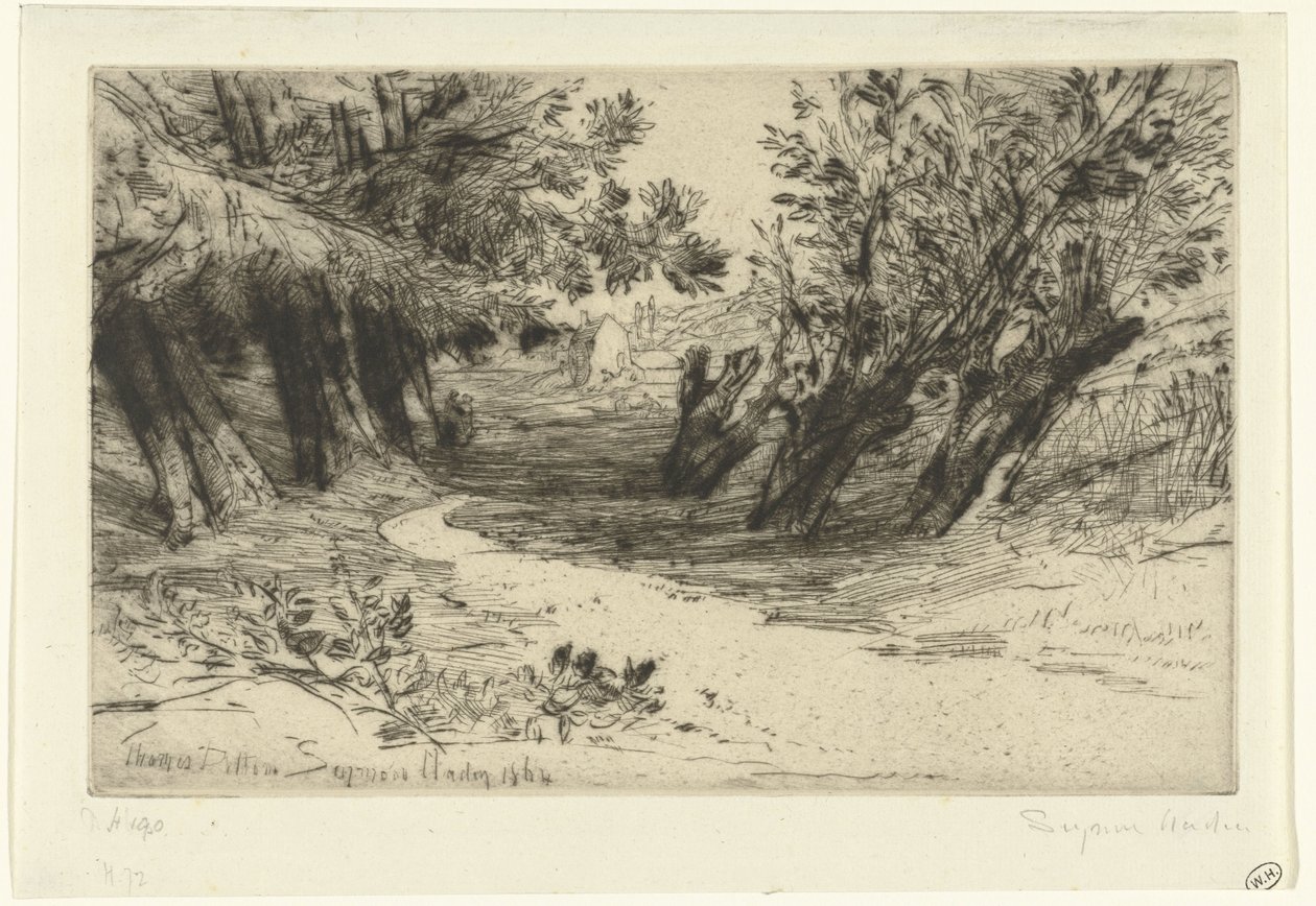 Pad langs het water Spacer zakochanych Thames Ditton (tytuł na obiekcie) autorstwa Francis Seymour Haden (Sir) (signed by artist)
