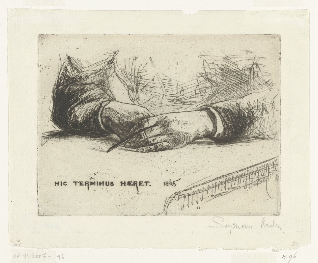 Dwie ręce, rysowanie kredą Ręce trzymające kredkę Hic Terminus Haeret (tytuł na obiekcie) autorstwa Francis Seymour Haden (Sir) (signed by artist)