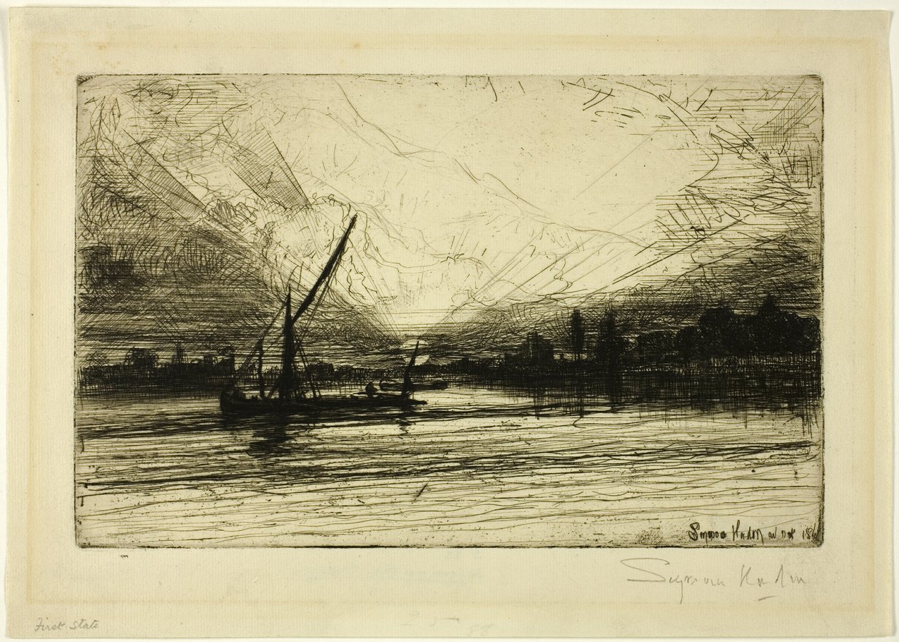 Zachód słońca nad Tamizą autorstwa Francis Seymour Haden
