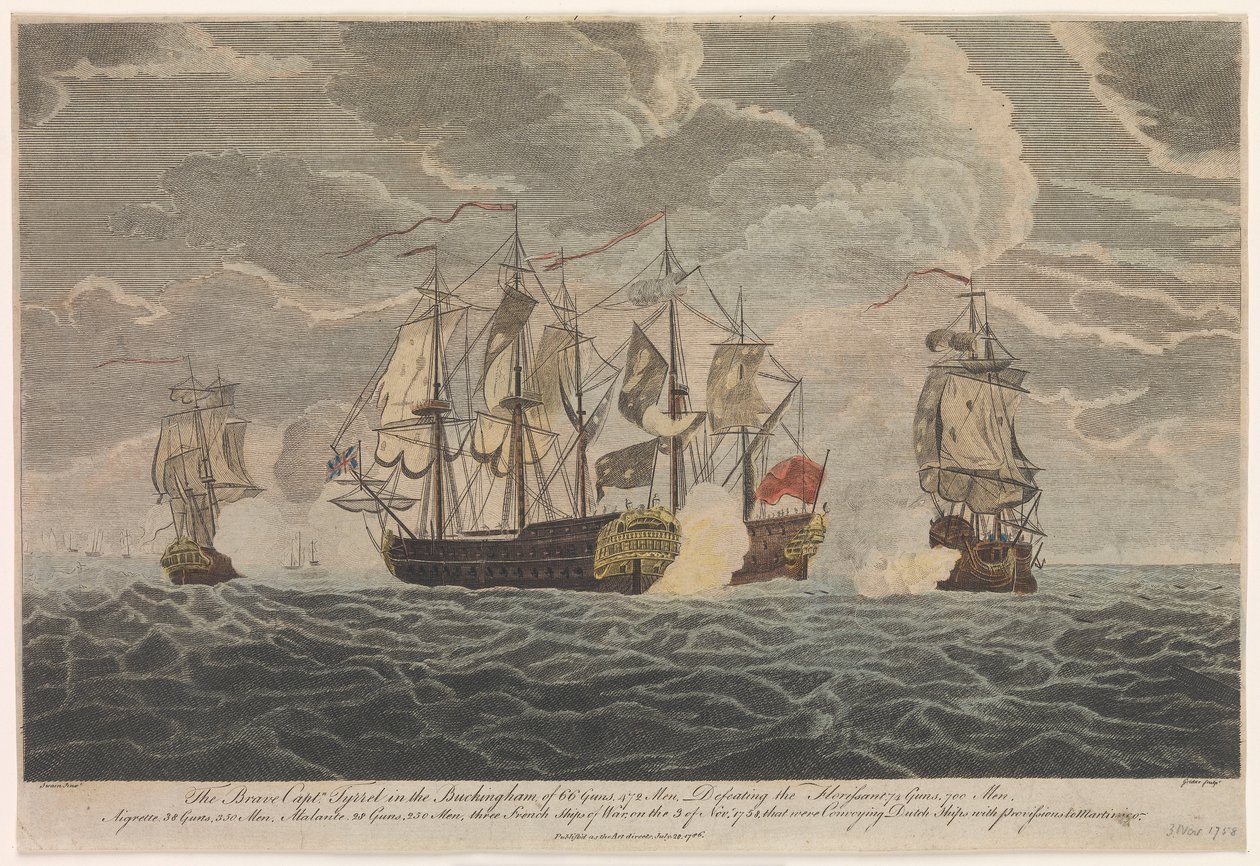 Dzielny kapitan Tyrrel na "Buckingham" z 66 działami i 472 ludźmi pokonał "Florissant", "Aigrette" i "Atlante", trzy francuskie okręty wojenne, 3 listopada 1758 r. autorstwa Francis Swaine