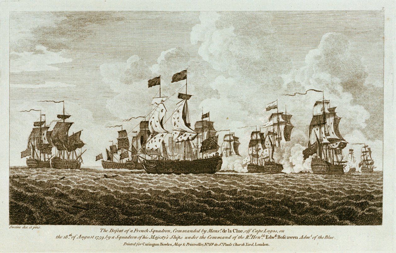 "Dwanaście odbitek bitew morskich. Pokonanie francuskiej eskadry dowodzonej przez Monsr de la Clue u przylądka Lagos 18 sierpnia 1759 r. przez eskadrę okrętów Jego Królewskiej Mości pod dowództwem Wielce Czcigodnego Edwd. Boscawena Adml of the Blue autorstwa Francis Swaine
