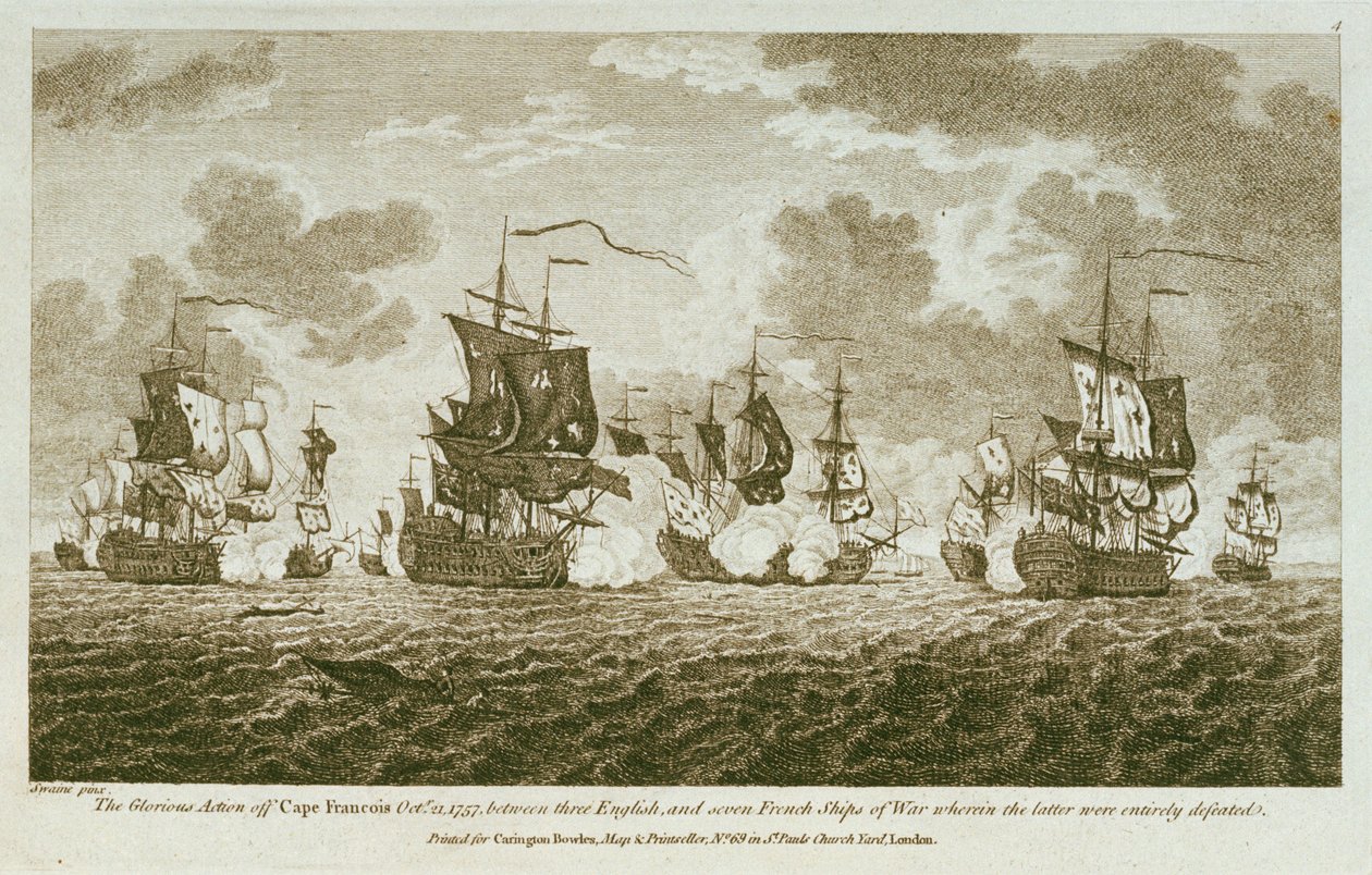 Dwanaście rycin przedstawiających starcia morskie. Chwalebna akcja u przylądka Francois 21 października 1757 r. między Anglikami a siedmioma francuskimi okrętami wojennymi, w której te ostatnie zostały całkowicie pokonane. (Akwaforta) autorstwa Francis Swaine