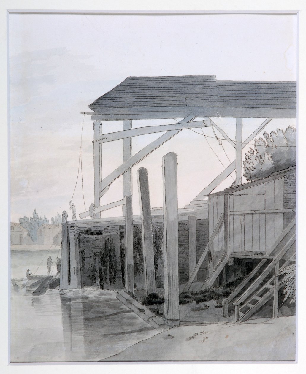 A Wharf, ok. 1800 (pióro i tusz z akwarelą na papierze) autorstwa Francis Towne