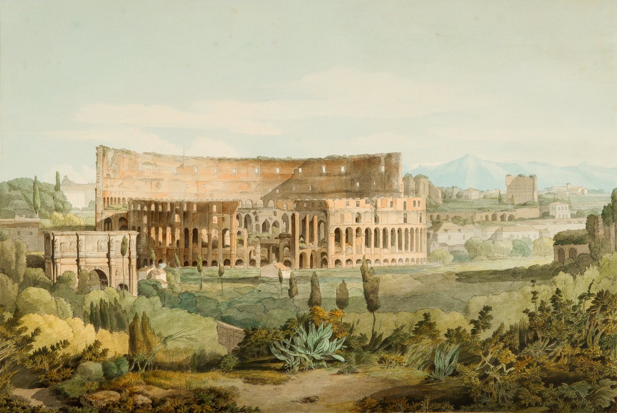 Koloseum ze wzgórz Caelian, 1799 (pióro, atrament i toaleta na papierze) autorstwa Francis Towne