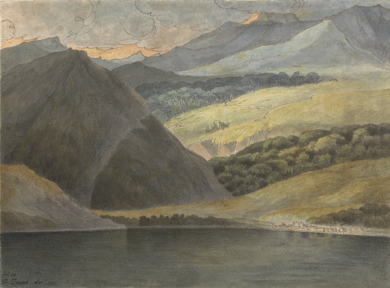 Widok na jezioro Maggiore wieczorem, 1781 (pióro i atrament z toaletą na papierze) autorstwa Francis Towne