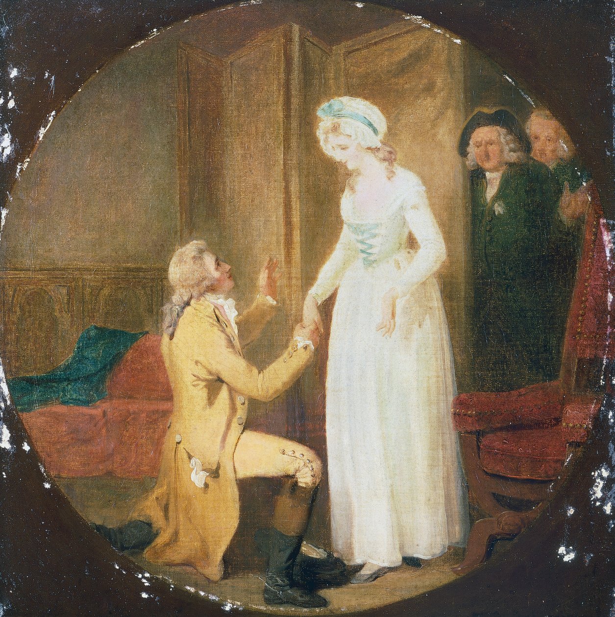 Akt V, Scena III spektaklu Ona pochyla się, by zwyciężyć Olivera Goldsmitha (1730-1774) autorstwa Francis Wheatley
