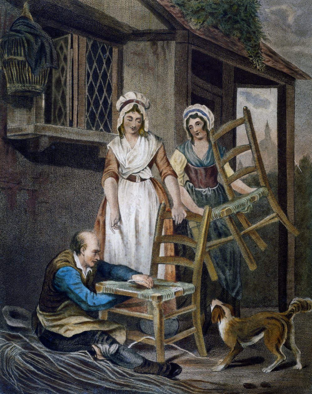 Wykonywanie siedzisk z wikliny, rycina Francisa Wheatleya (1747-1801) z Cries w Londynie, Wielka Brytania autorstwa Francis Wheatley