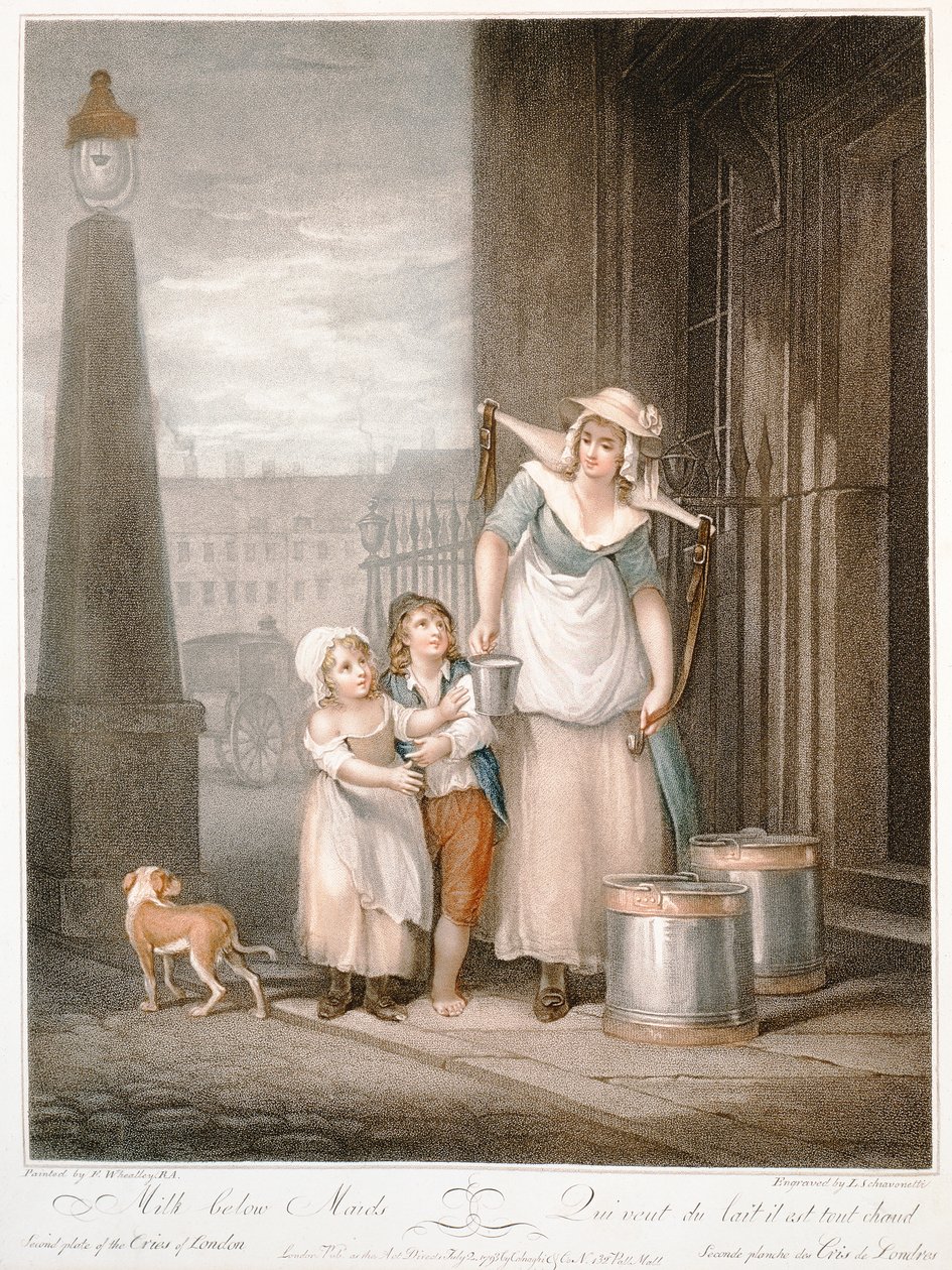 Milk under Maids, płyta 2 „The Cries of London”, rytowana przez Luigiego Schiavonettiego (1765-1810), wyd. Colnaghi und Co., 1793 (grawerowanie punktowe) autorstwa Francis Wheatley