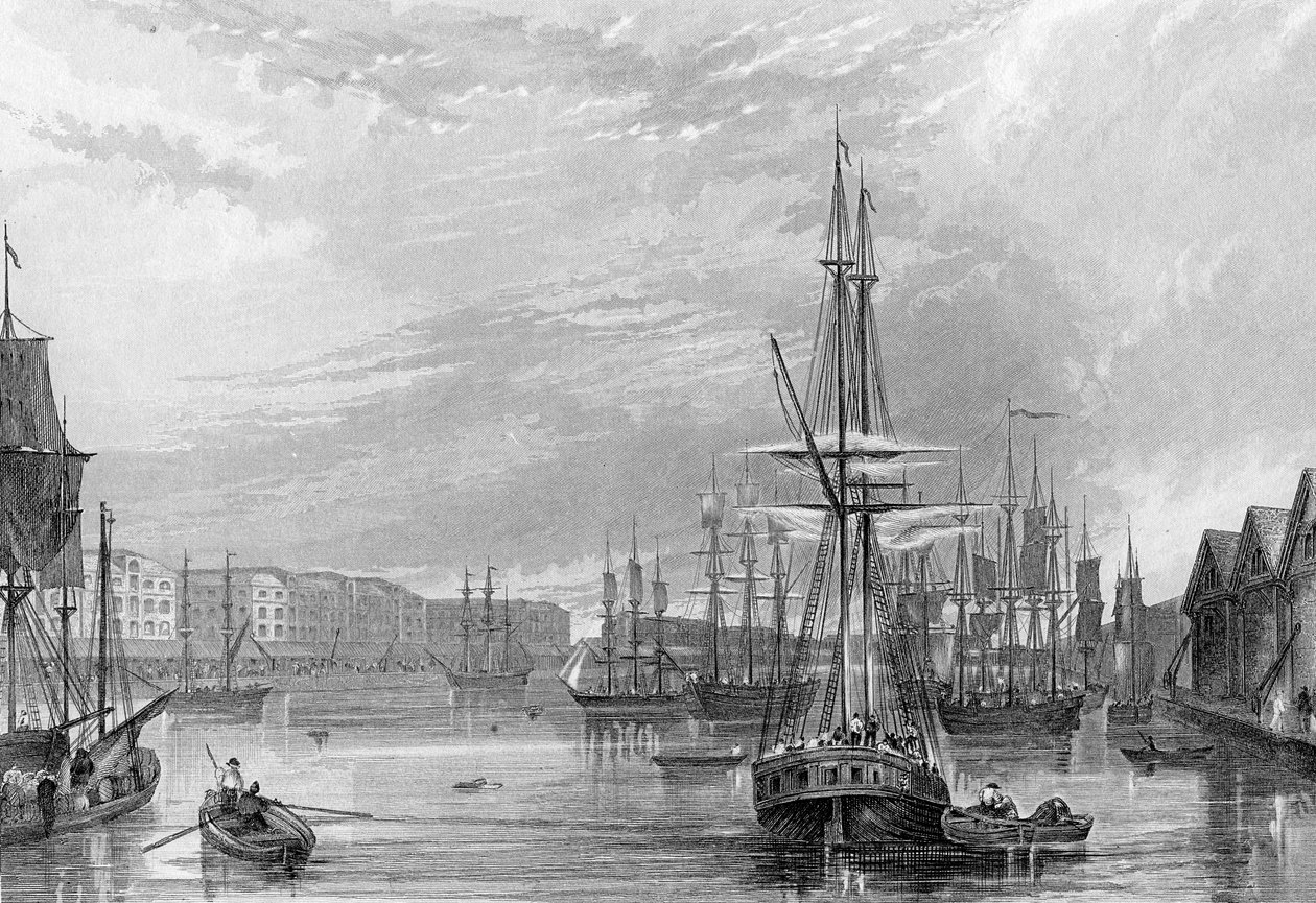 West India Dock, ilustracja z „History of London: Illustrated by views of London and Westminster” autorstwa Johna Woodsa, grawerowana przez Johna Woodsa, publikacja 1838 autorstwa Francis William Topham