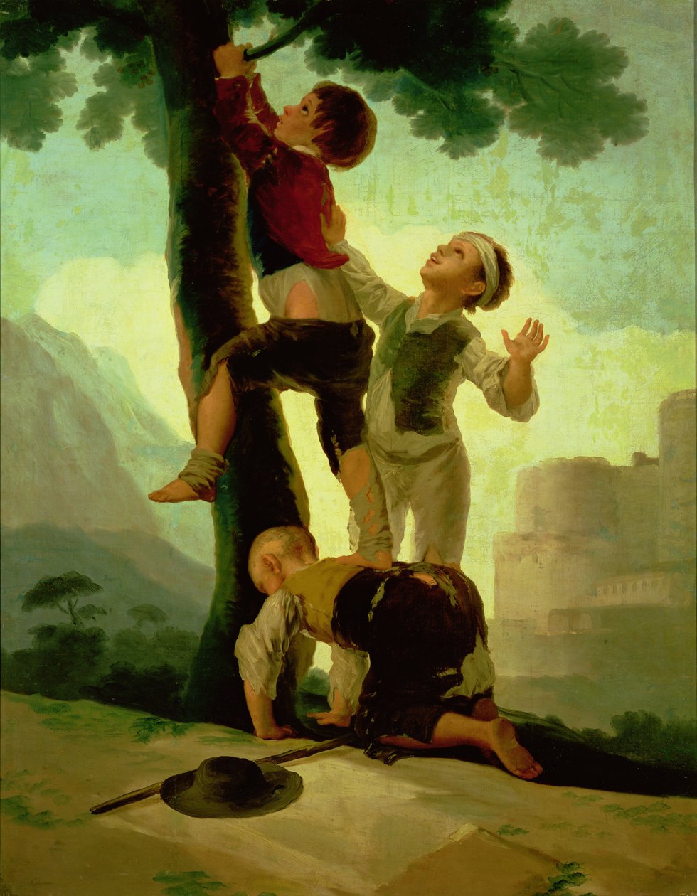 Chłopcy wspinający się na drzewo, rysunek do gobelinu, 1790-92 autorstwa Francisco de Goya