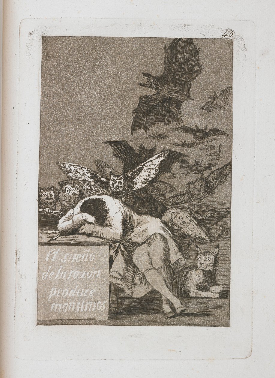 Sen rozsądku produkuje potwory, płyta 43 z Los Caprichos, 1797-1798 autorstwa Francisco de Goya