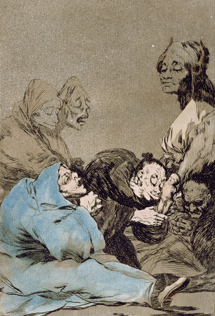 Obsequio a el maestro (Dar dla Mistrza), tablica 47 „Los Caprichos”, wydanie oryginalne, koniec XVIII w. (kolorystyka) autorstwa Francisco de Goya