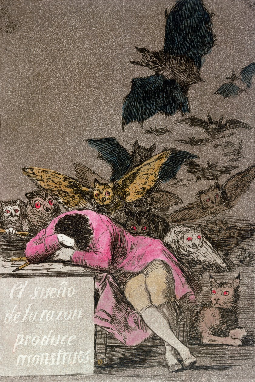 The Sleep of Reason Produces Monsters, tablica 43 z "Los Caprichos", wyd. ok. 1810 (rycina kolorowa) autorstwa Francisco de Goya