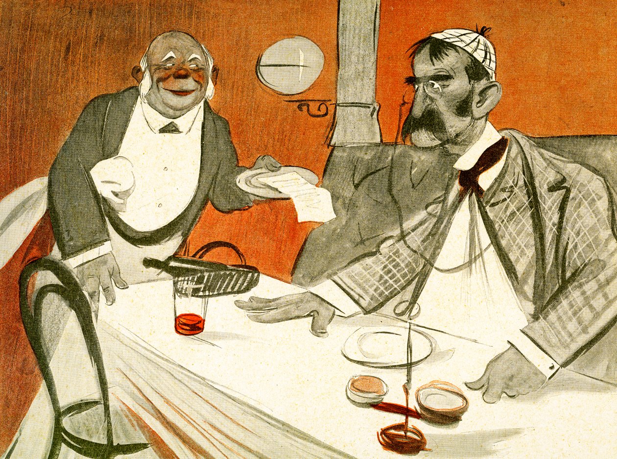 Theophile Delcasse kwestionujący rachunek we francuskiej restauracji, 1903 autorstwa Francisco Sancha y Lengo