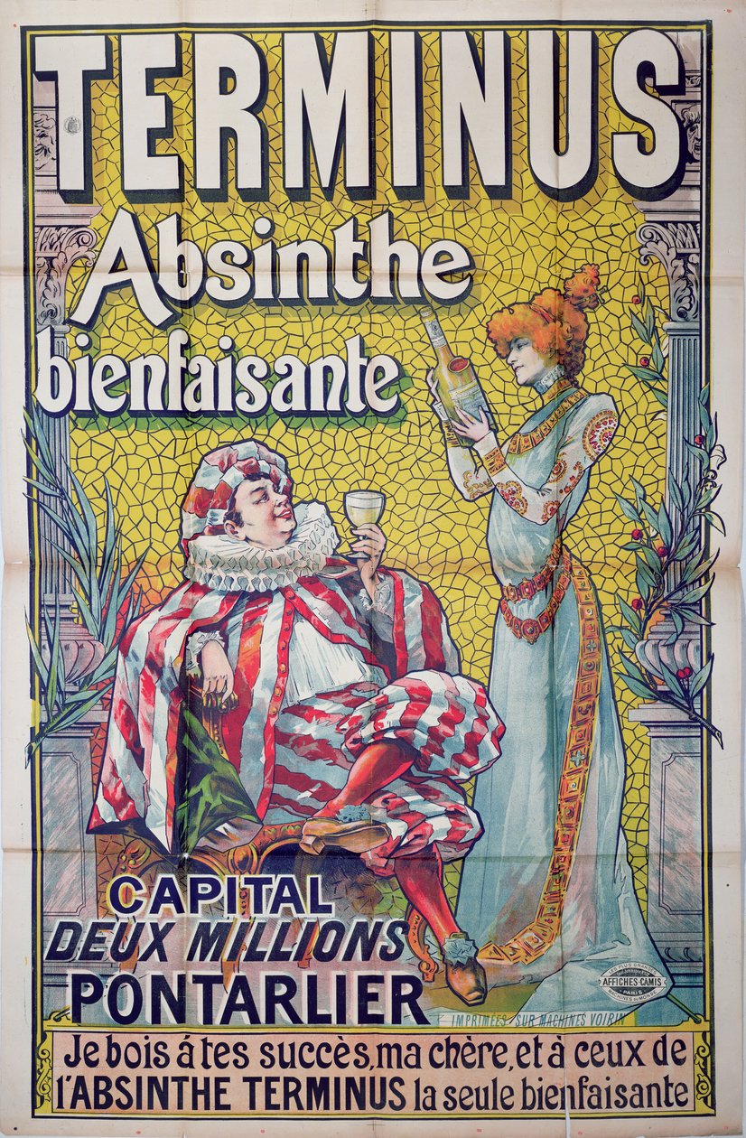 Plakat reklamujący absynt „Terminus”, z Sarah Bernhardt jako „Absinthe” i Constant Coquelin jako „Sgnanarelle” Moliera, koniec XIX wieku autorstwa Francisco Tamagno