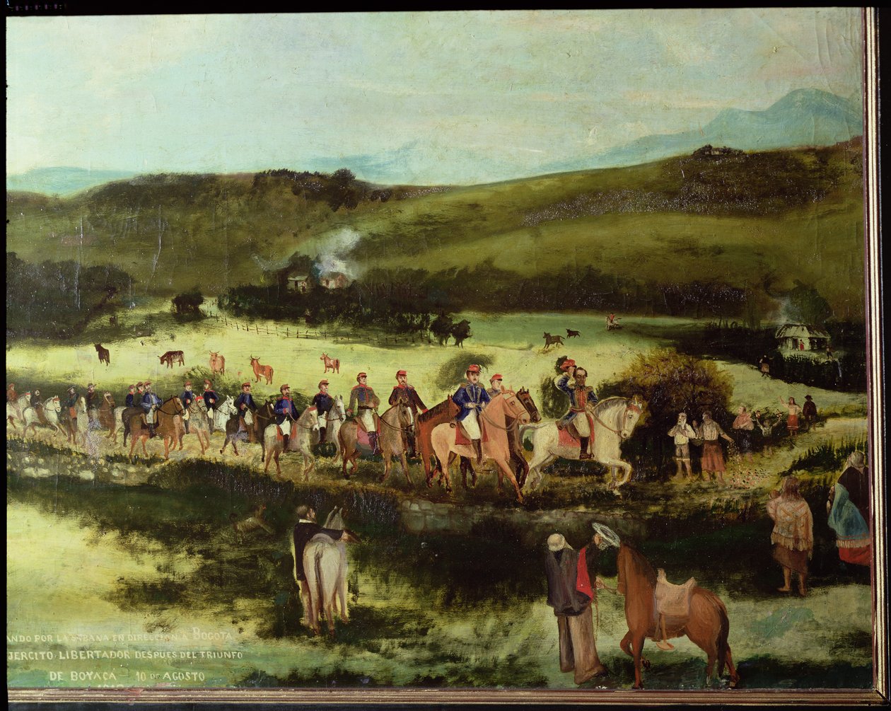 Simon Bolivar (1783-1830) i Francisco de Paula Santander (1792-1840) podróżujący do Bogoty z armią Libertadora po zwycięstwie pod Boyaca, 10 sierpnia 1829 autorstwa Francisco de Paula Alvarez