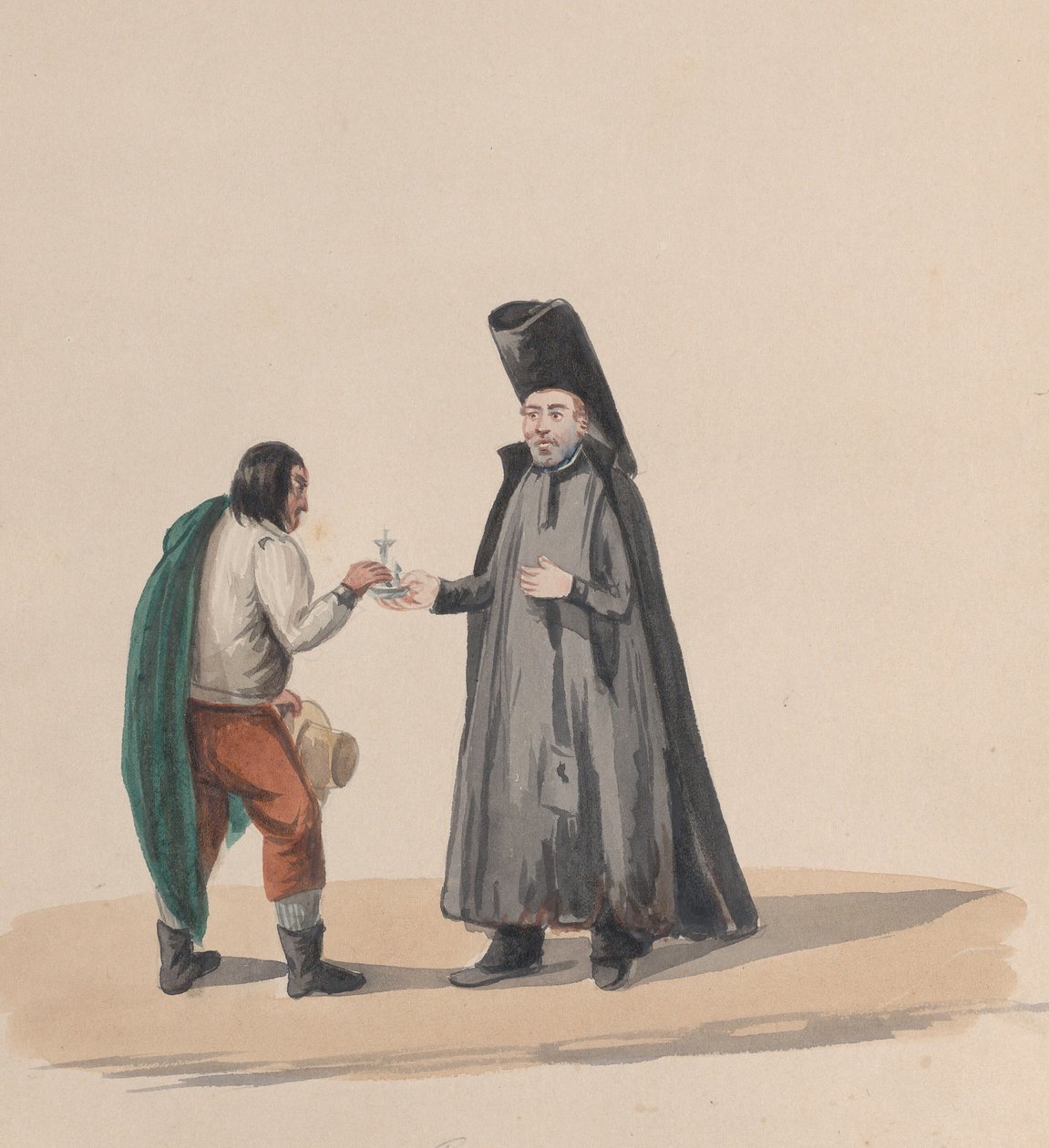 Kanonik wręczający mężczyźnie krucyfiks, z grupy rysunków przedstawiających strój peruwiański, 1848 r. autorstwa Francisco