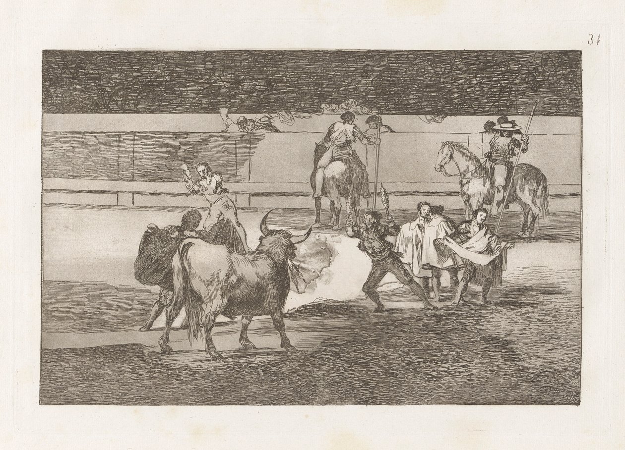 Banderillas de Fuego (Banderille z petardami), płyta 31 z walk byków autorstwa Francisco de Goya