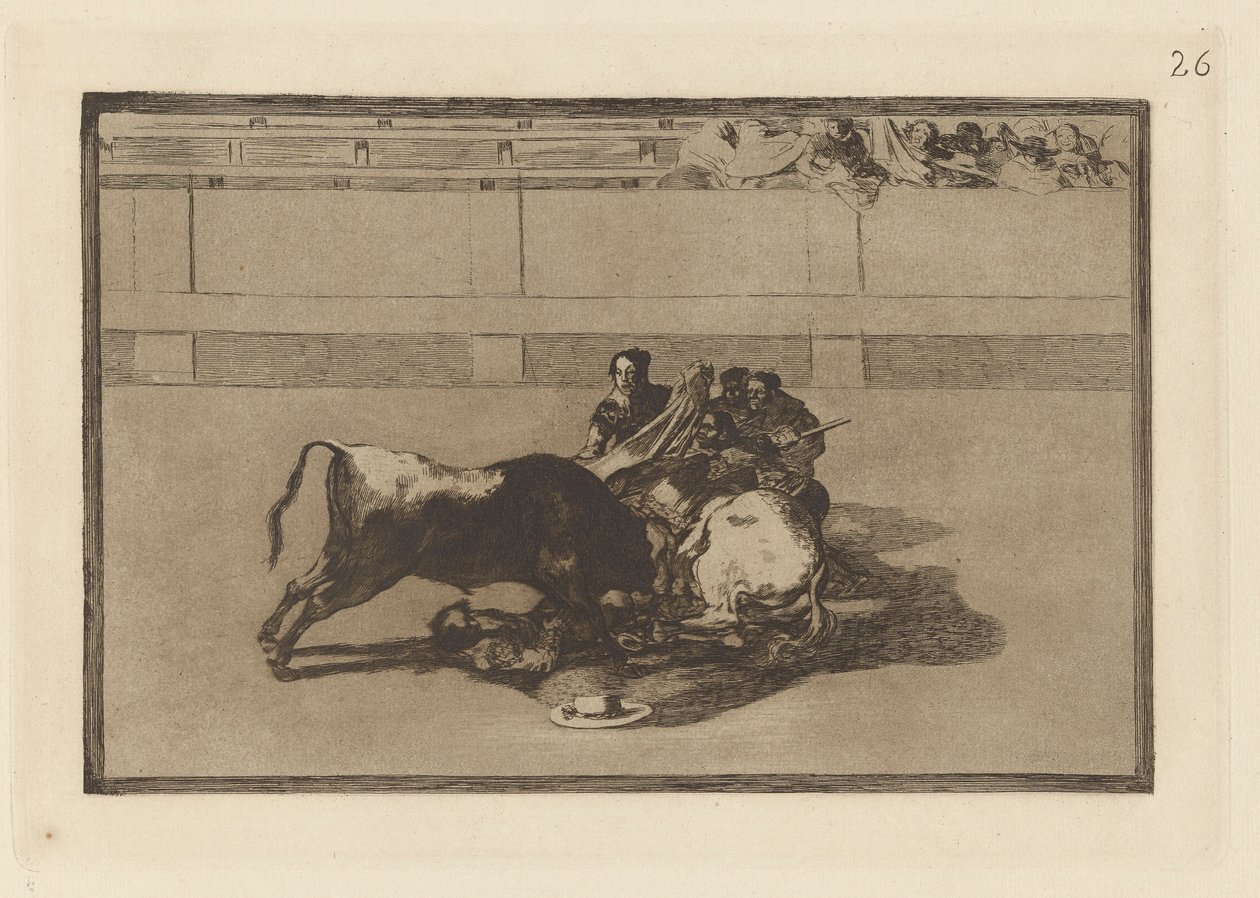 Upadek pikadora z konia poniżej byka (Picador jest bez konia i spada pod bykiem), płyta 26 z La tauromaquia autorstwa Francisco de Goya