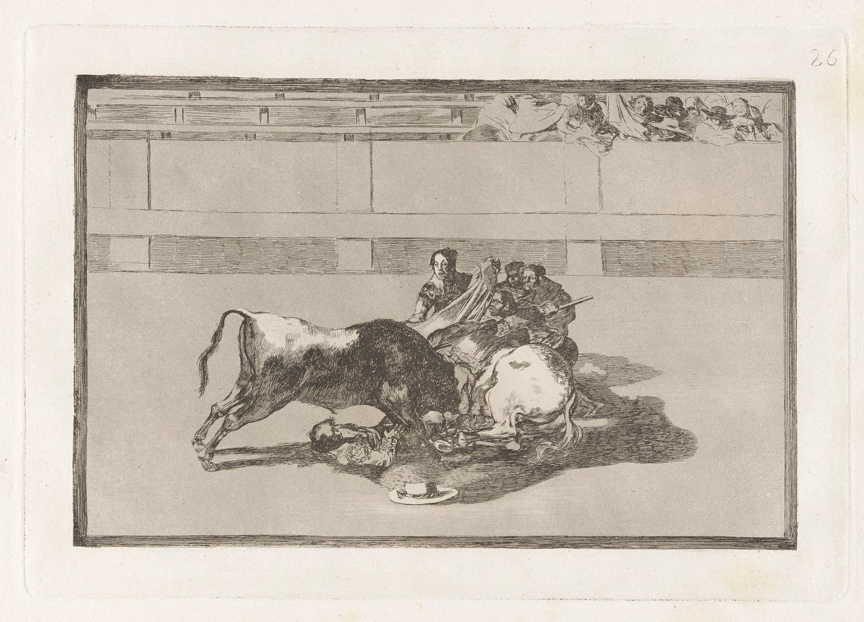 Upadek pikadora z konia poniżej byka (Picador jest bez konia i spada pod bykiem), płyta 26 z La tauromaquia autorstwa Francisco de Goya
