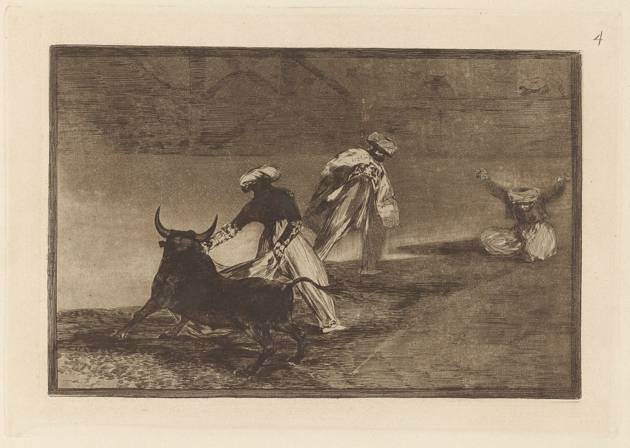 Capean otro encerrado (Bawią się innym z przylądkiem w zagrodzie), płyta 4 z La tauromaquia autorstwa Francisco de Goya