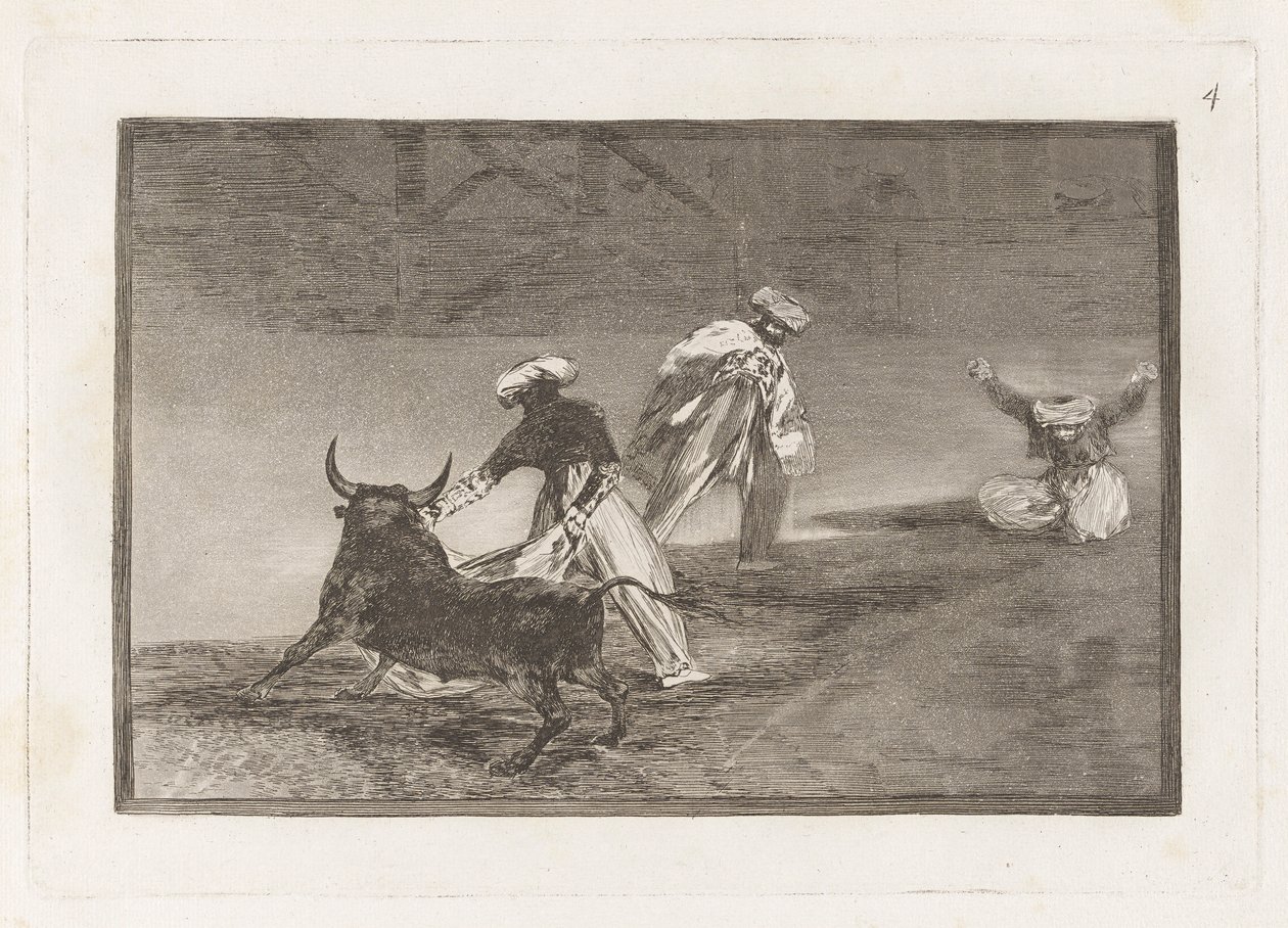Capean otro encerrado (Bawią się innym z przylądkiem w zagrodzie), płyta 4 z La tauromaquia autorstwa Francisco de Goya