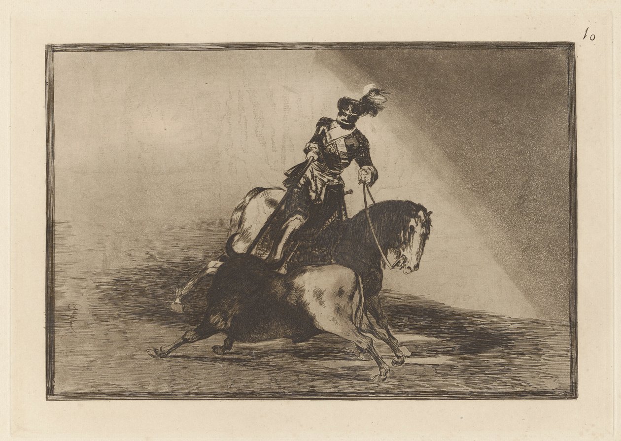 Carlos V. Przebijający byka na Plaza de Valladolid (Charles V. Przebijający byka na ringu w Valladolid), płyta 10 z La tauromaquia autorstwa Francisco de Goya