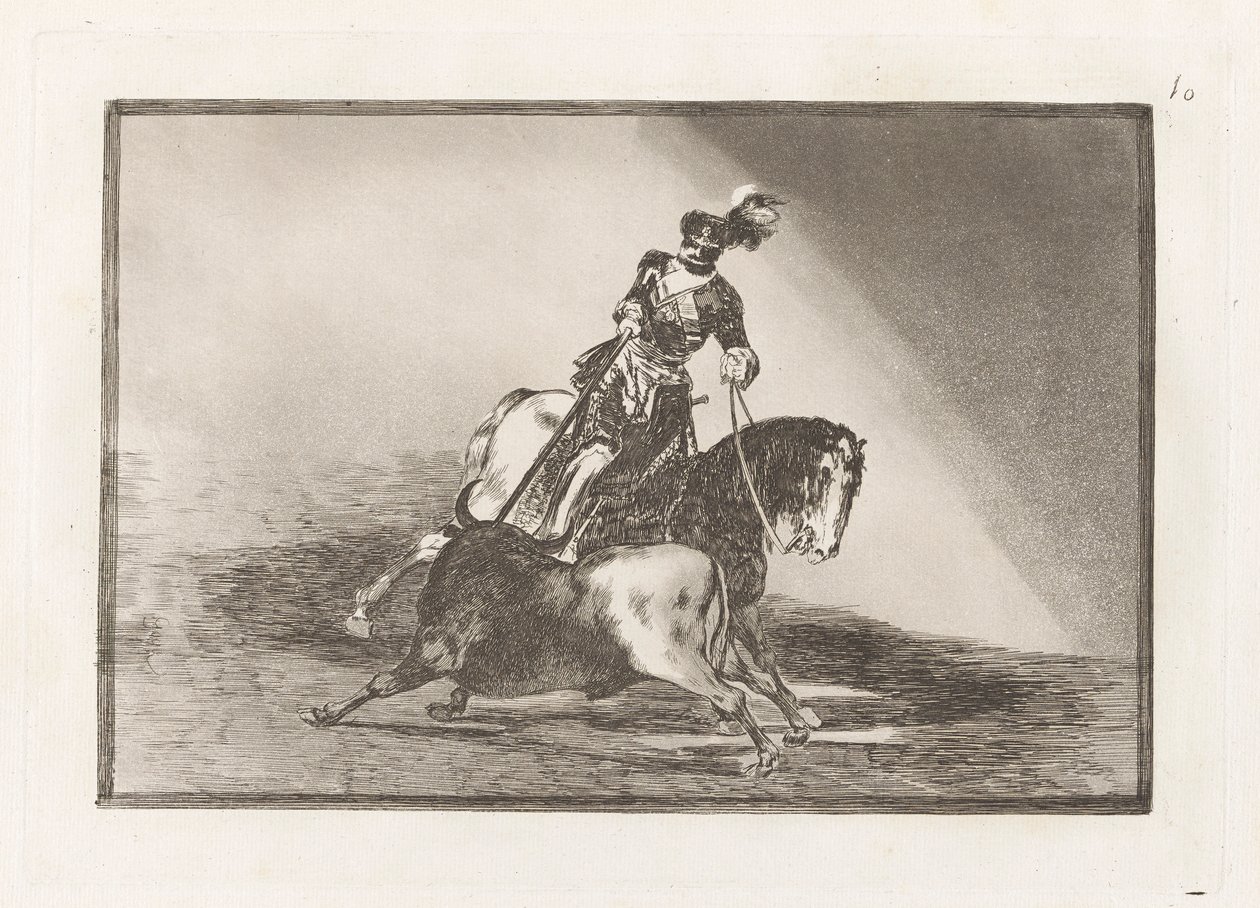 Carlos V. lanceando un toro en la plaza de Valladolid (Charles V wbija byka w pierścień w Valladolid), płyta 10 z La tauromaquia autorstwa Francisco de Goya
