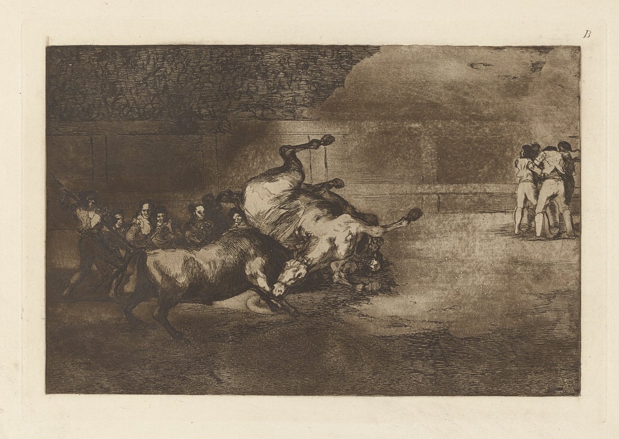 Koń rzucony przez byka, płyta B z La tauromaquia (wydanie trzecie) autorstwa Francisco de Goya