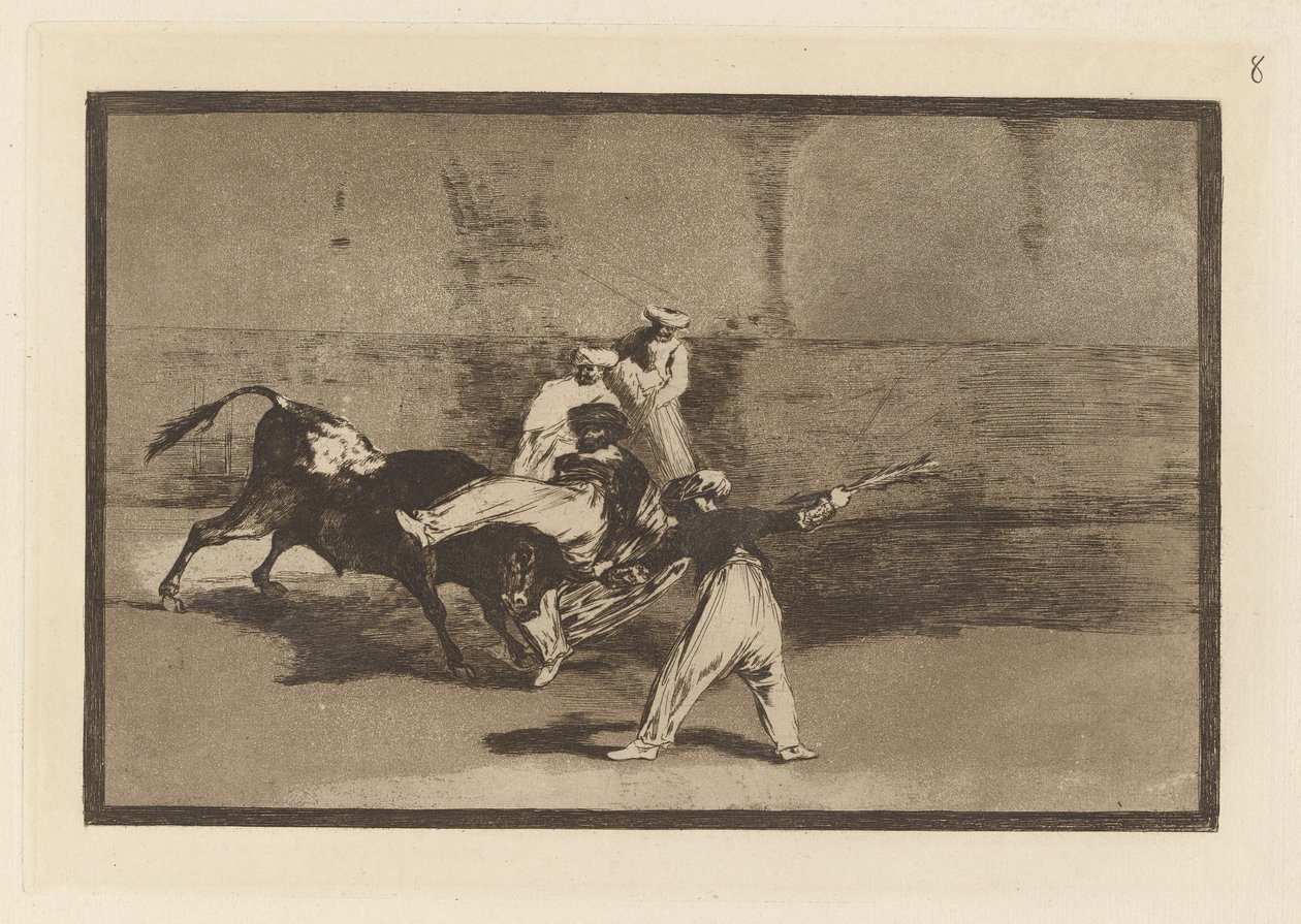 Cogida de un Moro estando en la plaza (Wrzosowisko schwytane przez byka na pierścieniu), płyta 8 z La tauromaquia autorstwa Francisco de Goya