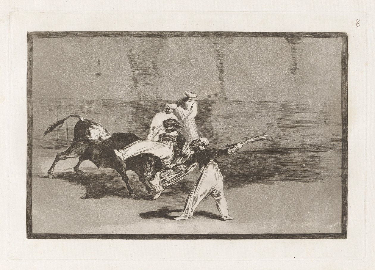 Cogida de un moro estando en la plaza (Wrzosowisko schwytane przez byka na pierścieniu), płyta 8 z La tauromaquia autorstwa Francisco de Goya