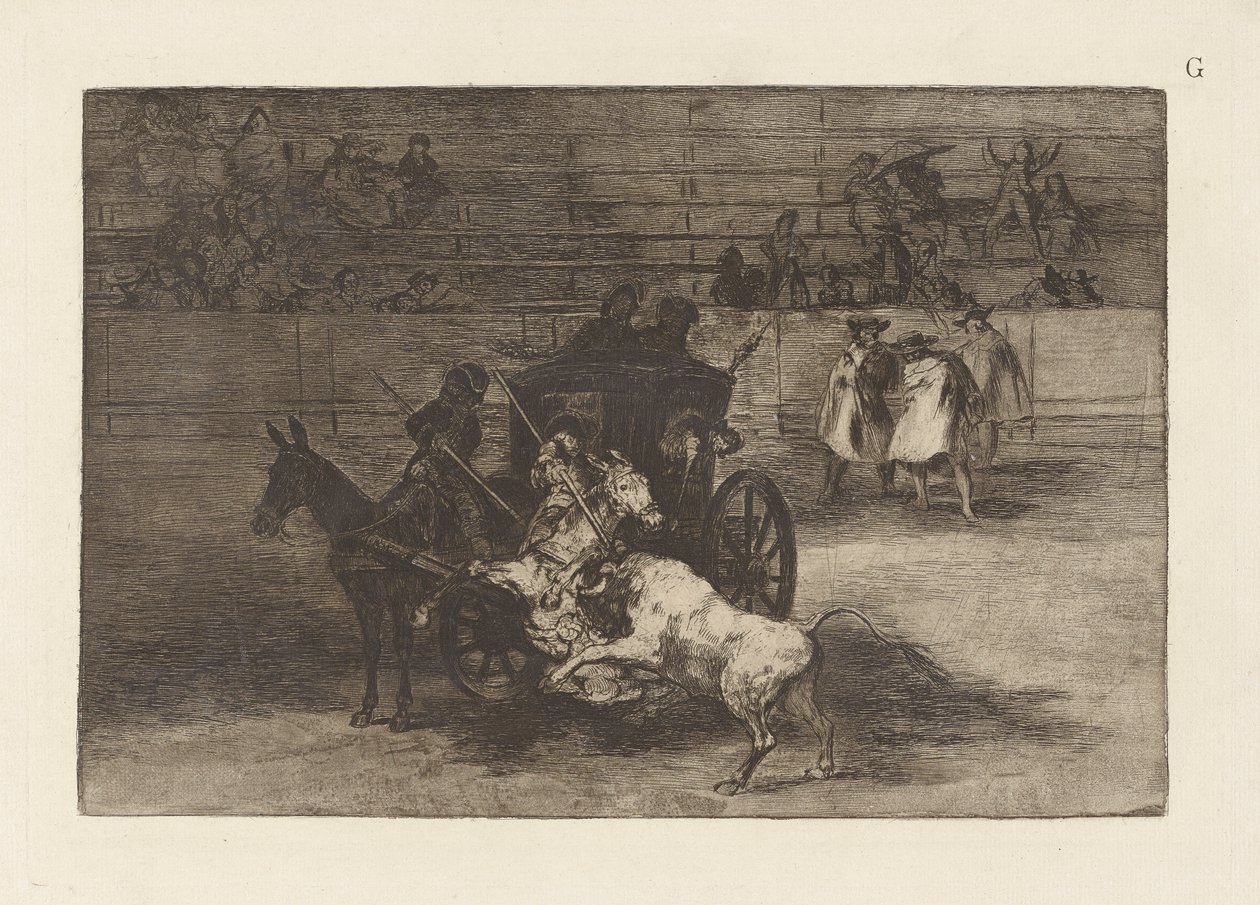 Walka w bryczce zaprzęgniętej do dwóch mułów, płyta G z La tauromaquia (wydanie trzecie) autorstwa Francisco de Goya