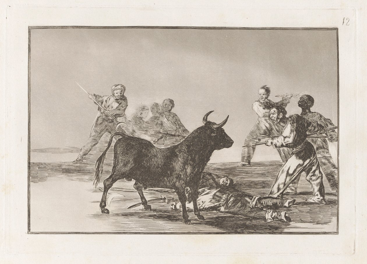 Rabble Hamstring byka z lancami, sierpami, banderillas i innymi ramionami, płyta 12 z La tauromaquia autorstwa Francisco de Goya
