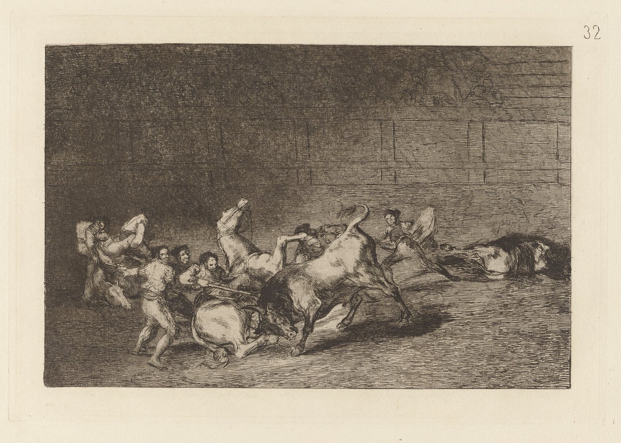 Dwie drużyny pikadorów rzucone jeden po drugim przez jednego byka, płyta 32 z La tauromaquia autorstwa Francisco de Goya
