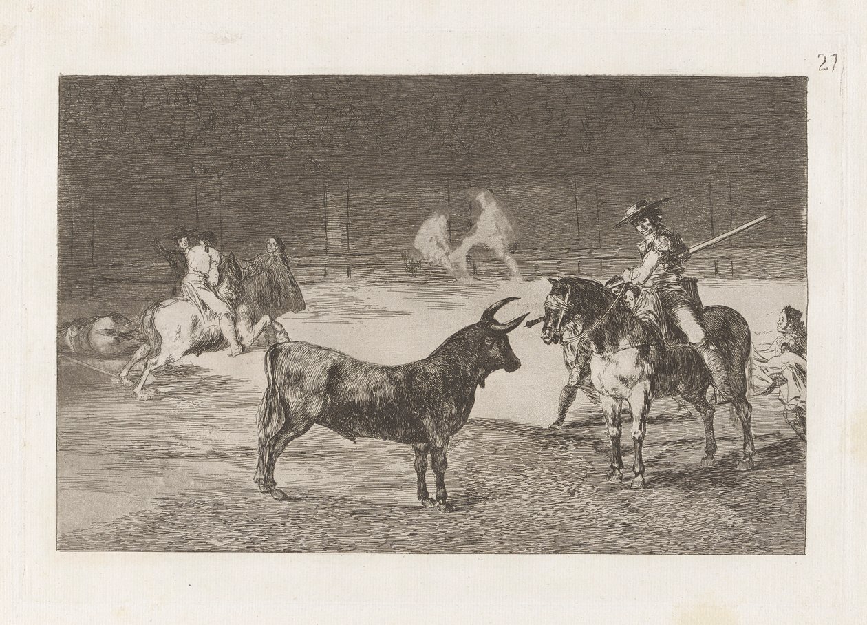 El c?lebre Fernando del Toro, barilarguero, zmusza bestię swoim drągiem (Słynny pikador, Fernando del Toro, ciągnie dziką bestię swoją piką), płyta 27 z La tauromaquia autorstwa Francisco de Goya