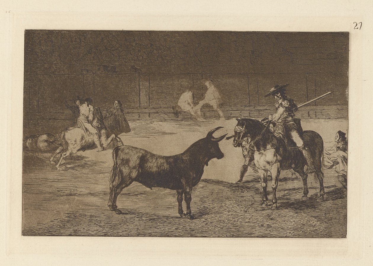 Słynny Fernando del Toro, barilarguero, forsowanie ? la Fiera con su garrocha (Uwielbiony Picador, Fernando del Toro, Przyciąga dziką bestię swoją piką), płyta 27 z La tauromaquia autorstwa Francisco de Goya