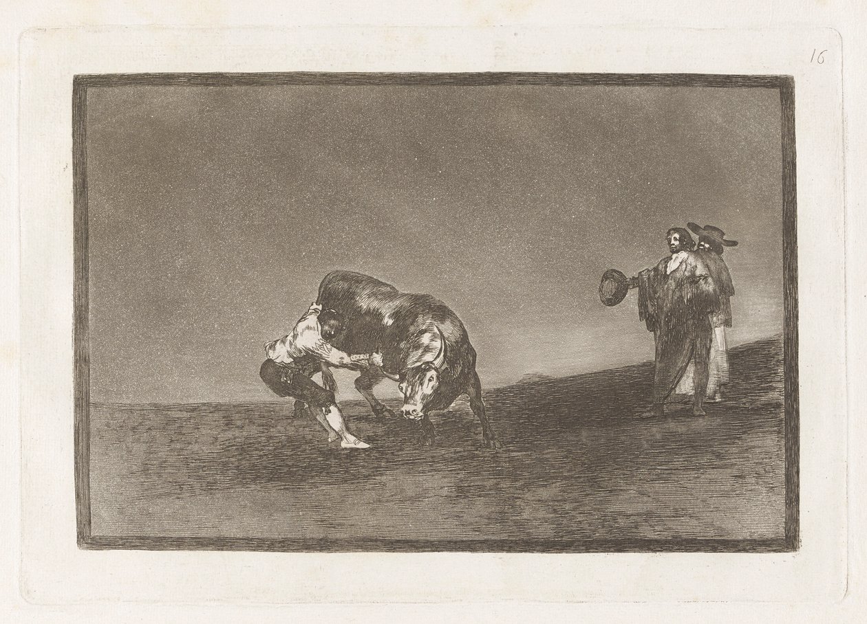 On sam zrzuca byka na placu w Madrycie (Ten sam człowiek rzuca bykiem w ring w Madrycie), płyta 16 z La tauromaquia autorstwa Francisco de Goya