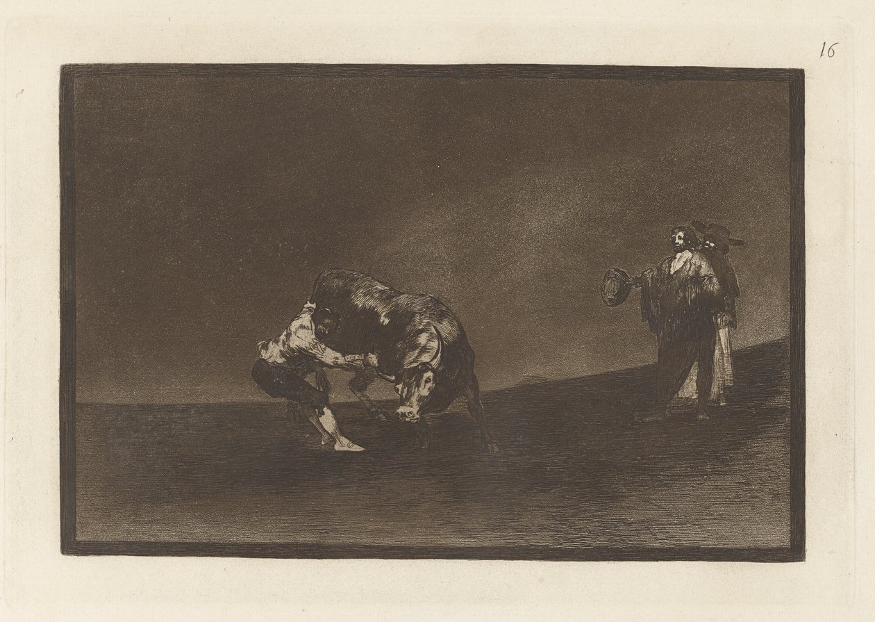 On sam zrzuca byka na placu w Madrycie (Ten sam człowiek rzuca bykiem w ring w Madrycie), płyta 16 z La tauromaquia autorstwa Francisco de Goya