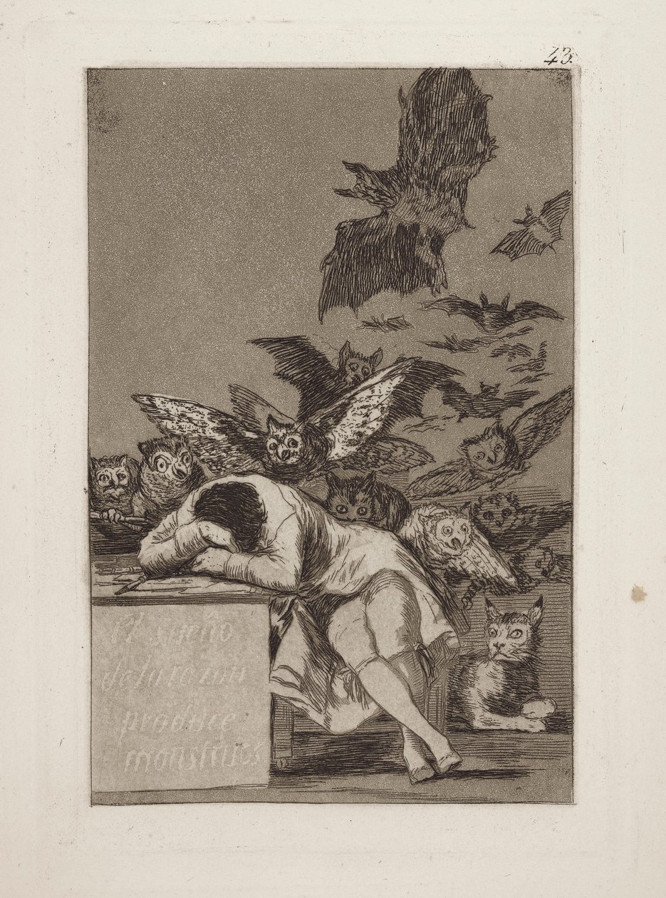 Marzenie o przyczynie rodzi potwory. (Sen rozumu rodzi potwory.), pl. 43 z serii Kaprysy autorstwa Francisco de Goya