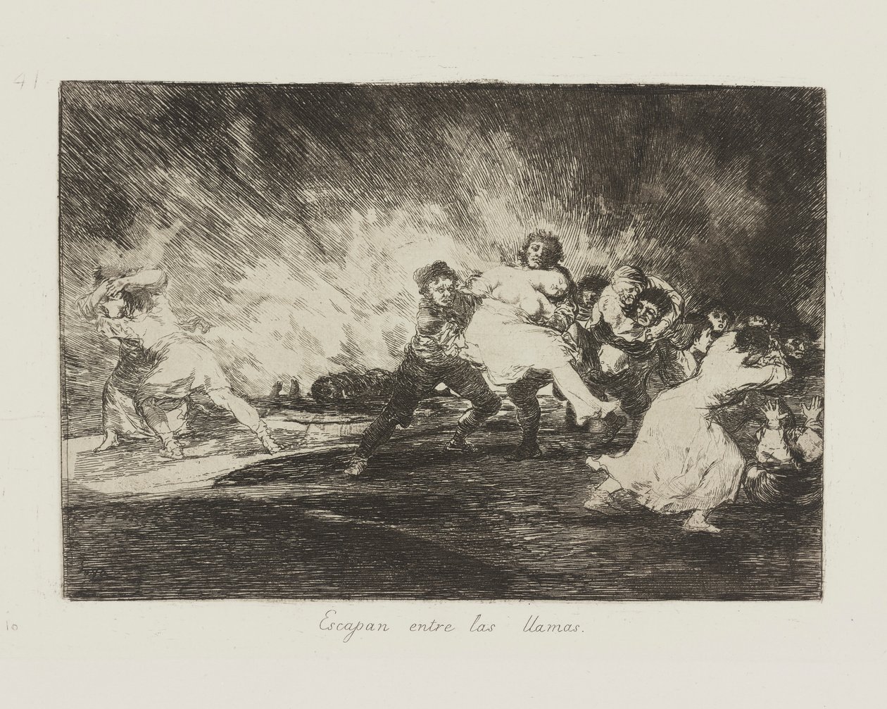 Uciekają w płomienie. (Uciekają przez płomienie.), pl. 41 z cyklu Katastrofy wojny autorstwa Francisco de Goya