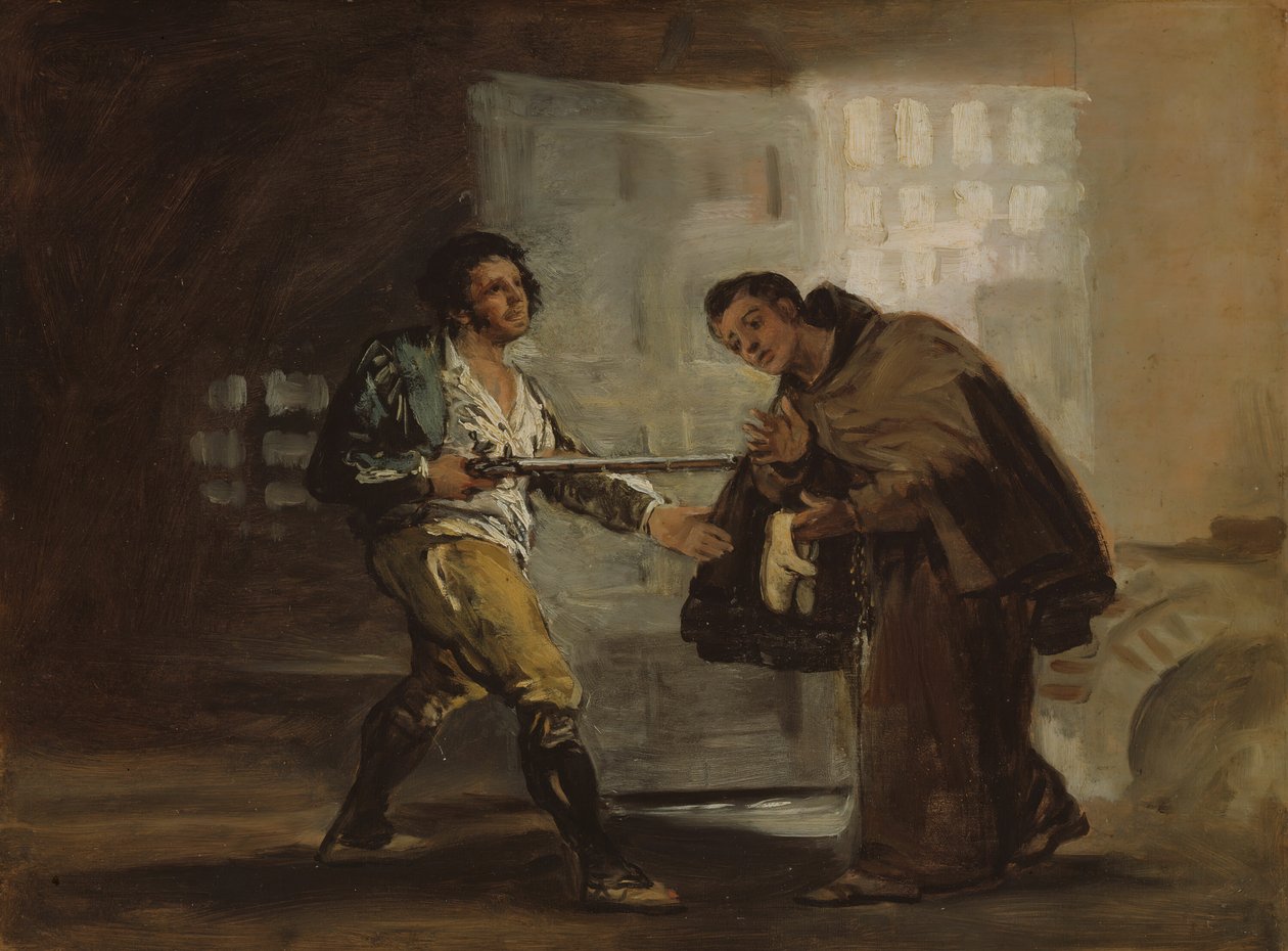 Brat Pedro ofiarowuje El Maragato buty i przygotowuje się do odepchnięcia swojej broni, ok. godz. 1806. autorstwa Francisco de Goya