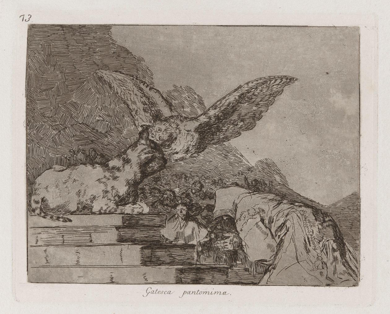 Pantomima Gatesca (Feline Pantomima), płyta 73 z filmu Katastrofy wojny autorstwa Francisco de Goya