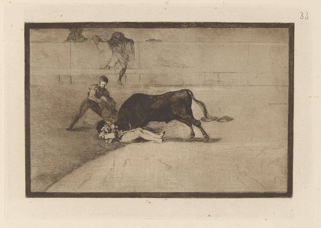 Pechowa śmierć Pepe Illo na ringu w Madrycie (Nieszczęśliwa śmierć Pepe Illo na ringu w Madrycie), płyta 33 z La tauromaquia autorstwa Francisco de Goya
